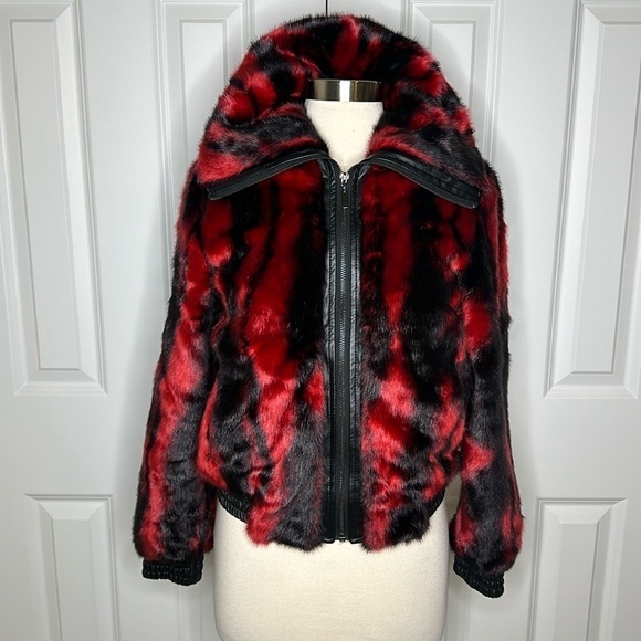 Adrienne Landau Red & Black Faux Fur Waist Style Jacket SzXS - Picture 1 of 13